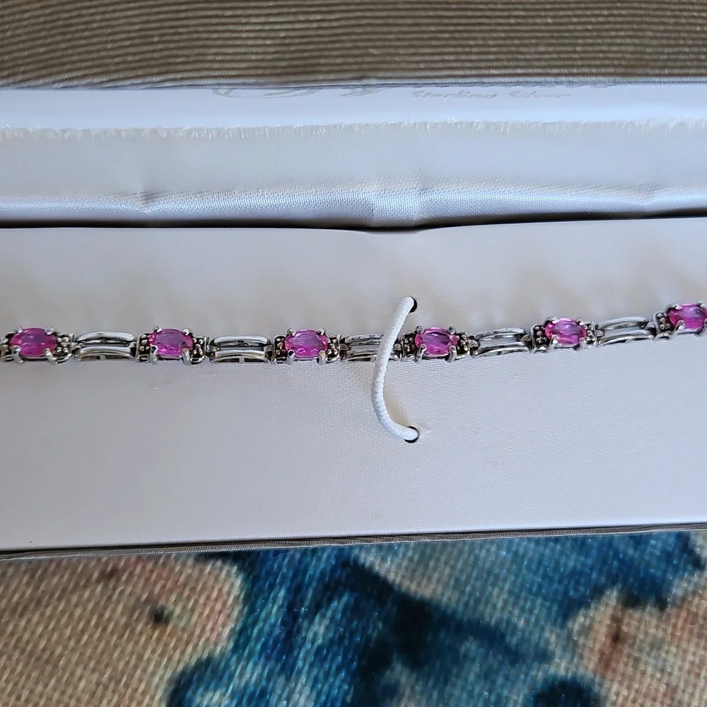 Signature Sterling Silver Pink Rhinestone Tennis Bracelet - Picture 7 of 16